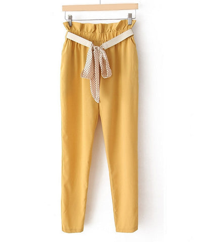 Style Ruffled Lacework Embellished Elastic High Waist Pockets Design Polyester Women's Ninth Pants YELLOW