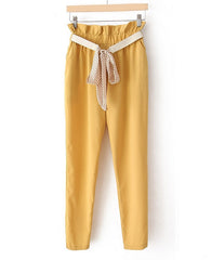 Style Ruffled Lacework Embellished Elastic High Waist Pockets Design Polyester Women's Ninth Pants YELLOW
