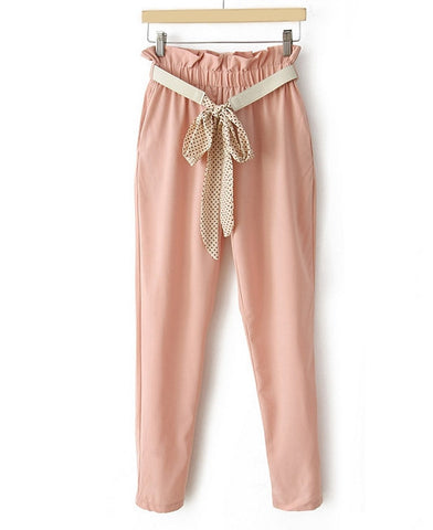Style Ruffled Lacework Embellished Elastic High Waist Pockets Design Polyester Women's Ninth Pants PINK