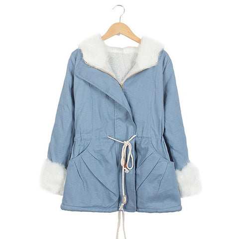 Fashionable Style Hooded Color Block Drawstring Long Sleeves Women's Coat SKY BLUE
