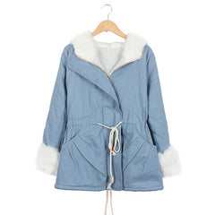 Fashionable Style Hooded Color Block Drawstring Long Sleeves Women's Coat SKY BLUE