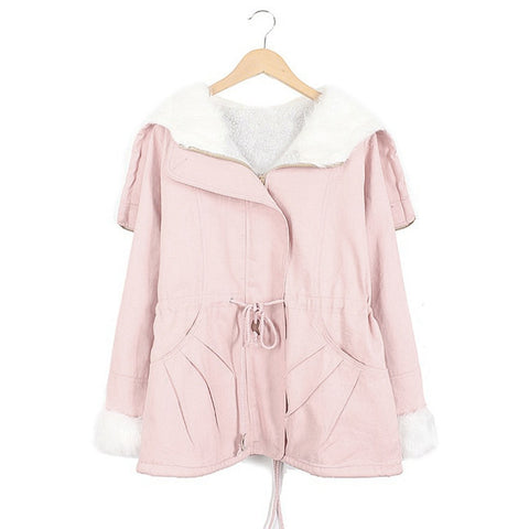 Fashionable Style Hooded Color Block Drawstring Long Sleeves Women's Coat PINK