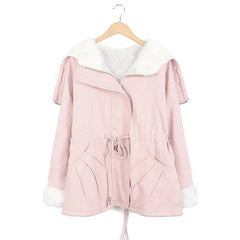 Fashionable Style Hooded Color Block Drawstring Long Sleeves Women's Coat PINK