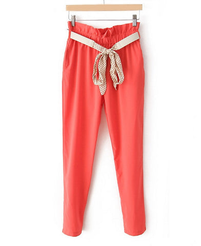 Casual Style Ruffled Lacework Embellished Elastic High Waist Pockets Design Polyester Women's Ninth Pants JACINTH