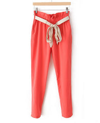 Casual Style Ruffled Lacework Embellished Elastic High Waist Pockets Design Polyester Women's Ninth Pants JACINTH