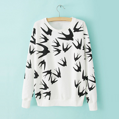 Casual Style Round Neck Swallow Print Contrast Color Long Sleeve Sweater For Women WHITE