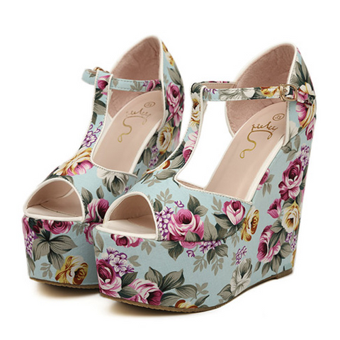 Party Floral Print and T-Strap Design Women's Wedge Heel Sandals BLUE
