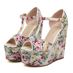 Party Floral Print and T-Strap Design Women's Wedge Heel Sandals WHITE