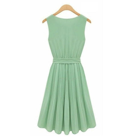 Fresh Ladylike Style Scoop Neck Pleated Waisted Design Sleeveless Women's Dress LIGHT GREEN