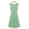 Fresh Ladylike Style Scoop Neck Pleated Waisted Design Sleeveless Women's Dress LIGHT GREEN