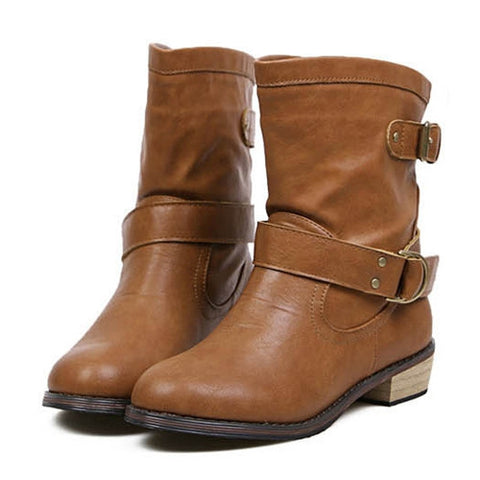 Vintage Style Buckle and Wood Heel Design Women's Boots BROWN