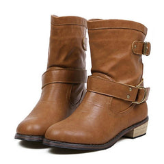 Vintage Style Buckle and Wood Heel Design Women's Boots BROWN