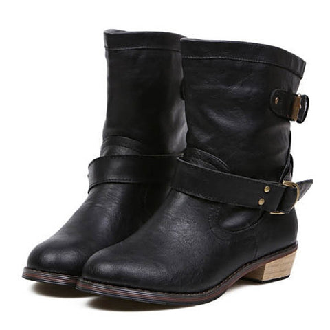 Vintage Style Buckle and Wood Heel Design Women's Boots BLACK