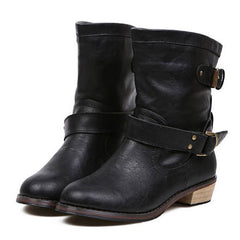 Vintage Style Buckle and Wood Heel Design Women's Boots BLACK