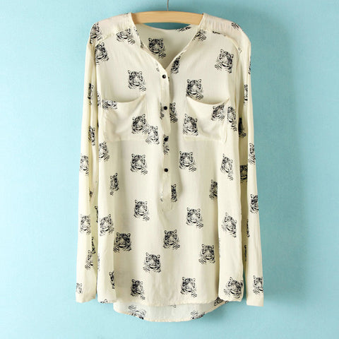 Women's Blouse Shirt Long Sleeves Chiffon Tiger Animal Print