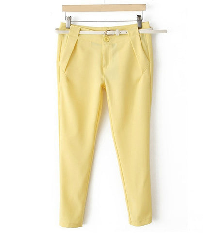 Simplicity Style One Button Embellished Double-Pocket and Faux Pocket Design Solid Color Polyester Women's Cropped Trousers YELLOW