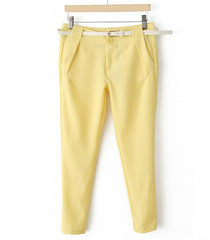 Simplicity Style One Button Embellished Double-Pocket and Faux Pocket Design Solid Color Polyester Women's Cropped Trousers YELLOW