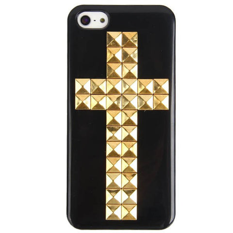 Cross Rivets Studs with Metal Skin Design Plastic Hard Back Cover Case for iPhone 5 (Black)