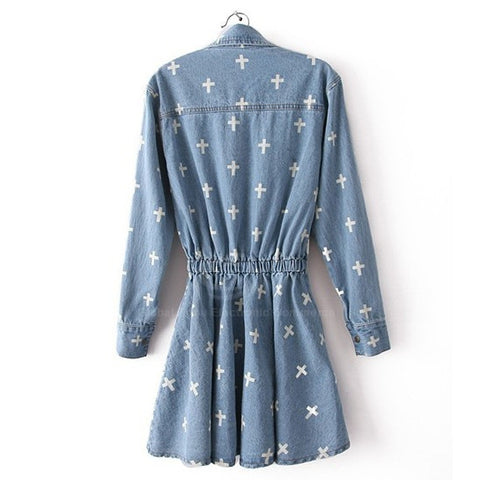 Street Style Shirt Neck Long Sleeves Special Print Denim Women's Dress