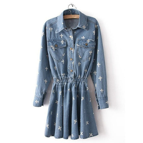 Street Style Shirt Neck Long Sleeves Special Print Denim Women's Dress