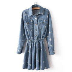 Street Style Shirt Neck Long Sleeves Special Print Denim Women's Dress