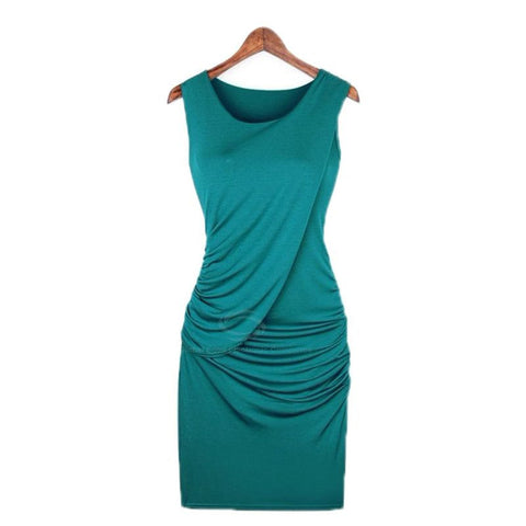 Sexy Scoop Neck Sleeveless Solid Color Draped Women's Club Dress LAKE BLUE