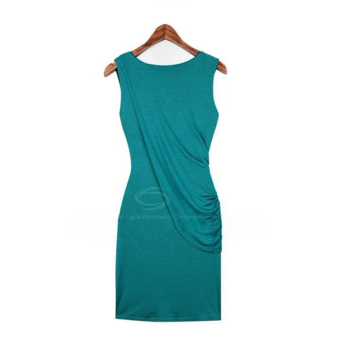 Sexy Scoop Neck Sleeveless Solid Color Draped Women's Club Dress LAKE BLUE