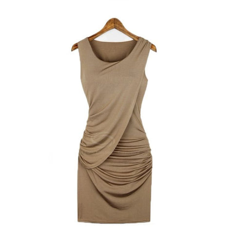 Sexy Scoop Neck Sleeveless Solid Color Draped Women's Club Dress KHAKI