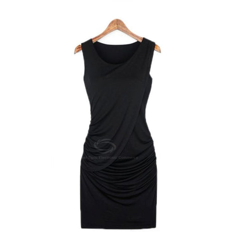 Sexy Scoop Neck Sleeveless Solid Color Draped Women's Club Dress BLACK