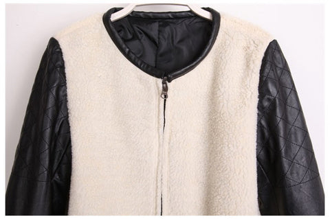 Women's Coat Zipper Round Neck PU Leather Long Sleeved