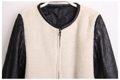 Women's Coat Zipper Round Neck PU Leather Long Sleeved