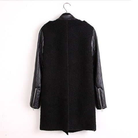 Women's Long Coat PU Leather Sleeves Wool Blends