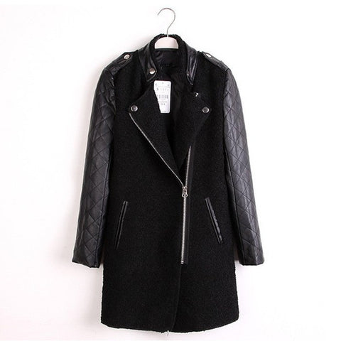 Women's Long Coat PU Leather Sleeves Wool Blends