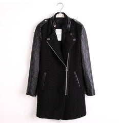 Women's Long Coat PU Leather Sleeves Wool Blends
